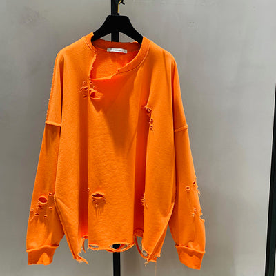 Korean Loose Pullover Shirts Women 2020 Spring New Ripped Hole BF Loose Round-Neck Long-Sleeve Mid-length Top Casual Hoodie Z127