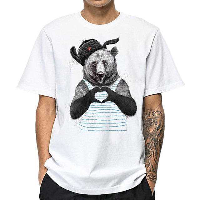 100% Cotton Men Cute T Shirt Cartoon Heart Pattern Bear Animal Print Tee Tops Short Sleeve Funny Harajuku T-Shirt Plus Size