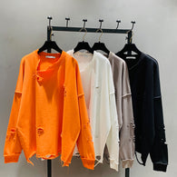 Korean Loose Pullover Shirts Women 2020 Spring New Ripped Hole BF Loose Round-Neck Long-Sleeve Mid-length Top Casual Hoodie Z127